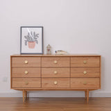63" Natural Bedroom Dresser with 9 Drawers Wooden Chest of Drawers with Gold Knobs