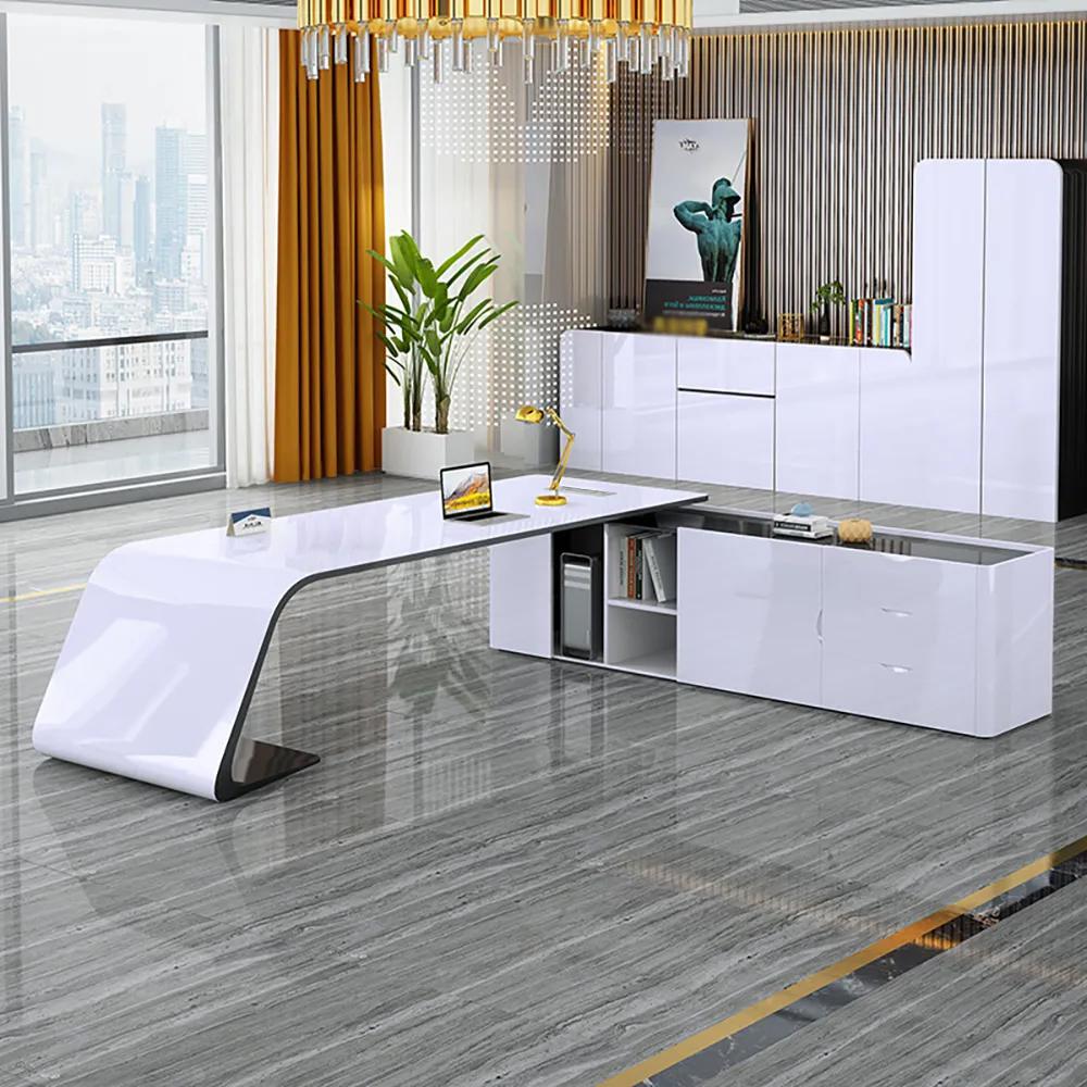 L-Shaped Right Hand Modern White Office Desk with Storage - Right Hand /  White & Black / 86.6L x 70.9W x 29.9H