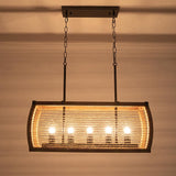 Lámpara colgante rústica de 5 luces con isla de cocina, rectángulo lineal, madera lavada y cuerda de yute