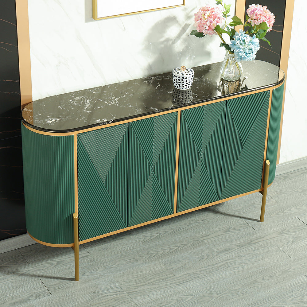 Green Sideboard Buffet Oval Faux Marble Top 59" Sideboard Cabinet 4 Doors & Shelves