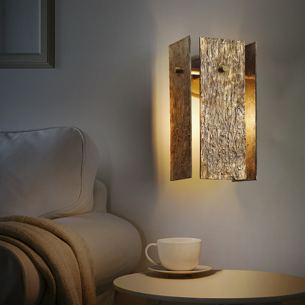 1-Light Rectangular Wall Sconce with Bark Texture in Brass