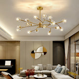 Modern Brass 12-Light Branching Crystal Chandelier for Living Room and Dining Room