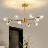 Modern Brass 12-Light Branching Crystal Chandelier for Living Room and Dining Room