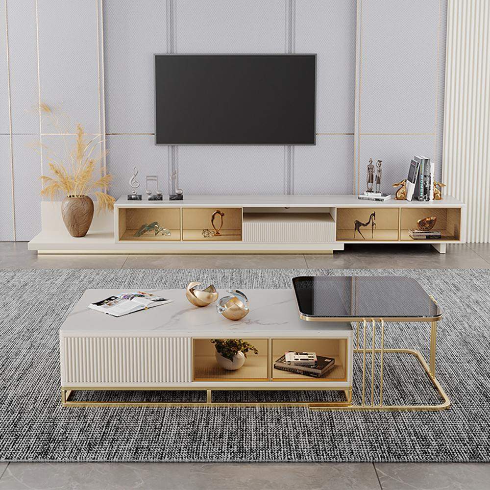 Light Khaki Modern Extendable TV Stand with Light Management Hole Included