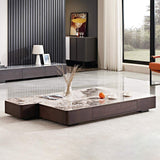 2 Pieces Modern Brown Stone Top Coffee Table Set 2 Drawers with Storage-Coffee Tables,Furniture,Living Room Furniture
