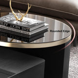 Modern Black Nesting Sintered Stone & Glass Coffee Table with 4 Storage Drawers Set of 2