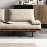 Mid-Century Modern Pull Out Sofa Bed Khaki Wood Convertible Sleeper Sofa Cotton & Linen