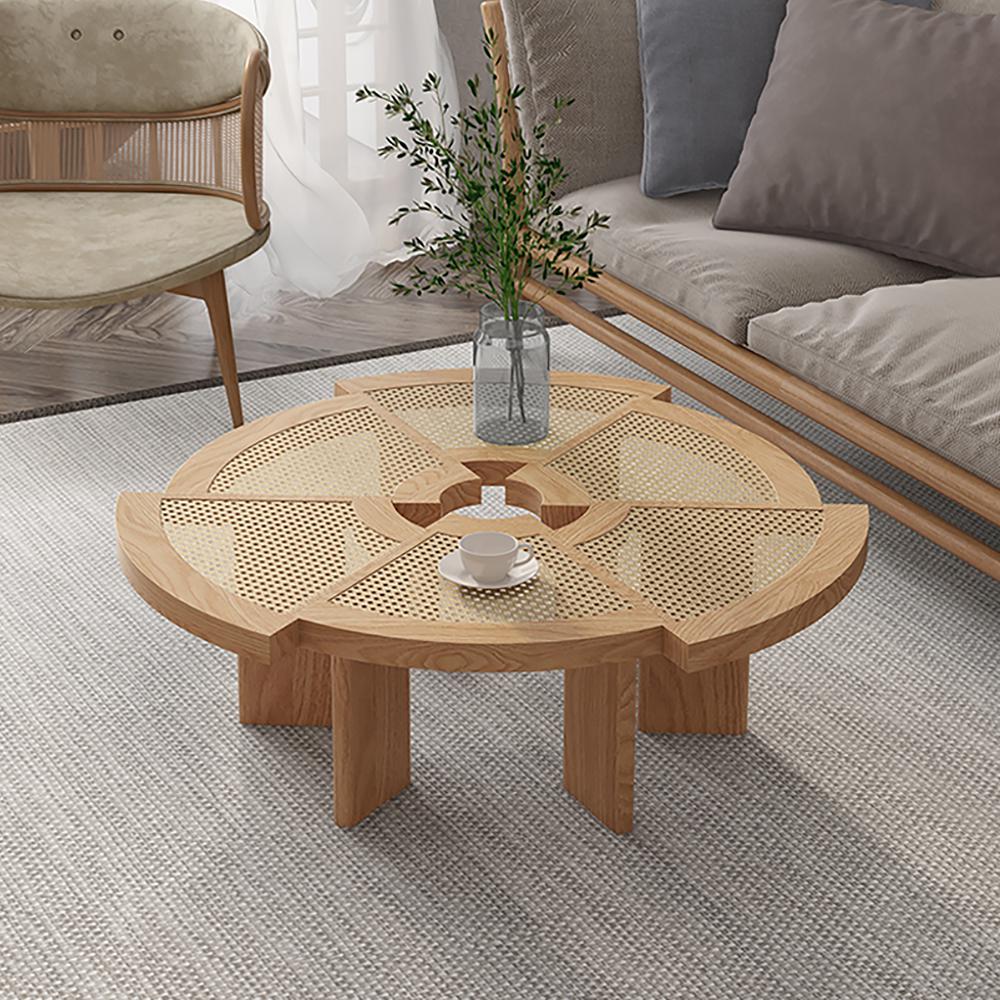 31.5" Farmhouse Wooden Coffee Table with Rattan Top Accent Table
