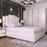 سرير منصة بيضاء فو فو سرير كال كينج مع اللوح الأمامي المنجد الهندسي