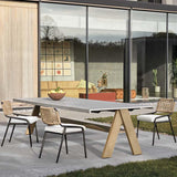 Juego de comedor al aire libre moderno de mediados de siglo de 9 piezas, mesa de mármol y madera y silla de mimbre de aluminio