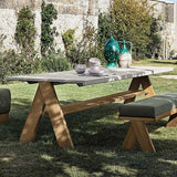Juego de comedor al aire libre moderno de mediados de siglo de 9 piezas, mesa de mármol y madera y silla de mimbre de aluminio