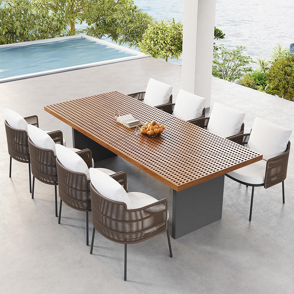 9 Pieces Outdoor Patio Dining Set for 8 Person with Teak Top Table and Rattan Chairs