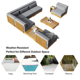 Juego de sofás modulares de teca para patio exterior de 9 piezas con mesa de centro y cojín