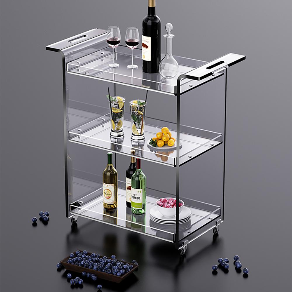 Modern Acrylic Rolling Serving Bar Cart 3-Tier Trolley End Table with Handles