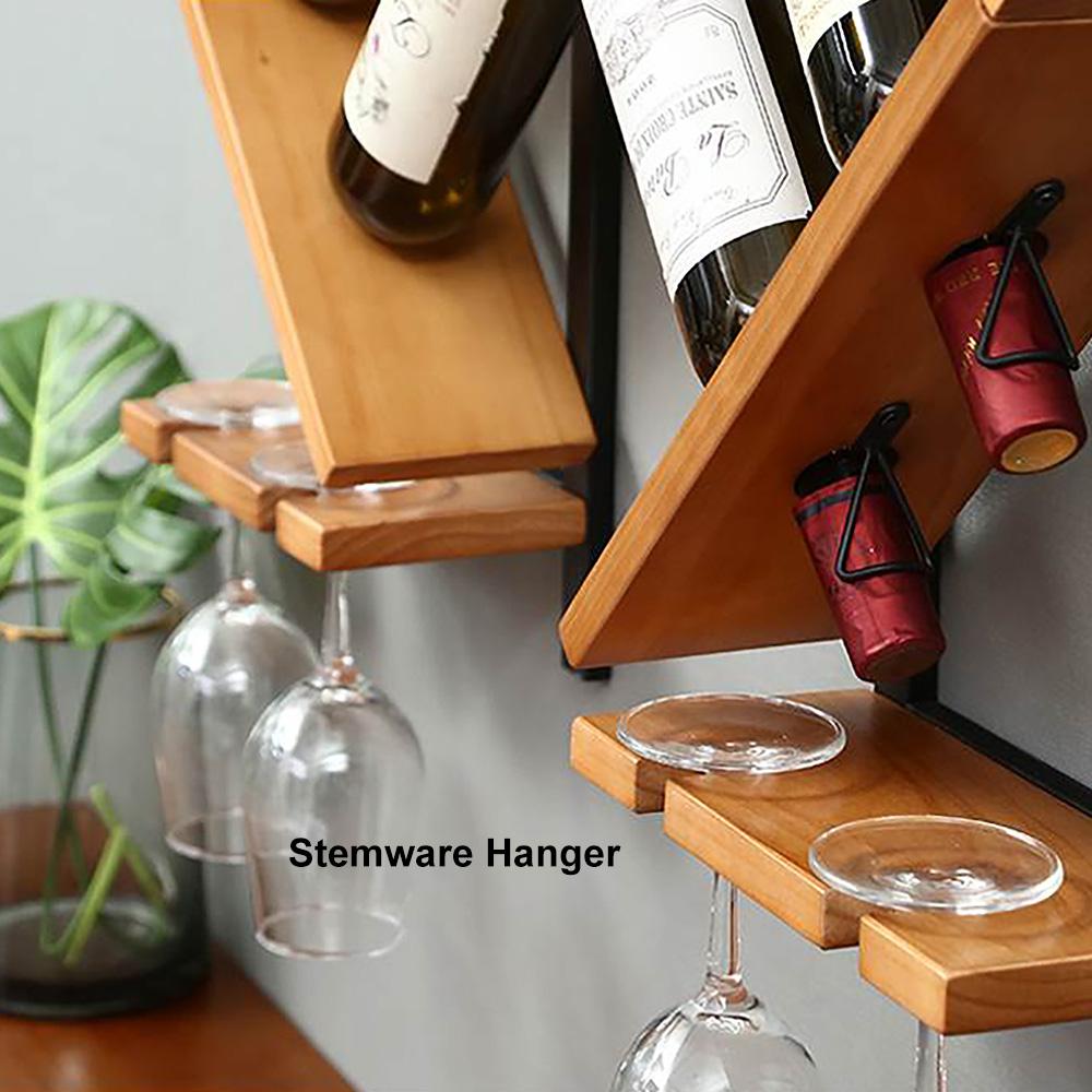 Modern Wall Mounted Wood Wine Rack 4-Bottle & 4 Wine Glass Rack Stemware Holder Rack