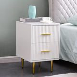 Modern White Rectangle Nightstand with 2 Drawers and Gold Metal Base