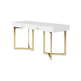 Weißer Schreibtisch mit 2 Schubladen, 55 Zoll, moderner Schreibtisch, goldener Dreifuß, Edelstahl