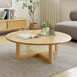 32" Modern Round Pine Wood and Rattan Coffee Table in Natural
