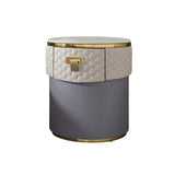 Round Faux Leather Surface Bedside Table with Storage Stone Top Nightstand