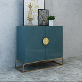 2-Door Peacock Blue Console Table Storage Cabinet Entryway Gold Accent