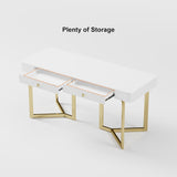 2-Drawers White Office Desk 55" Modern Writing Desk Gold Tripod Base Stainless Steel