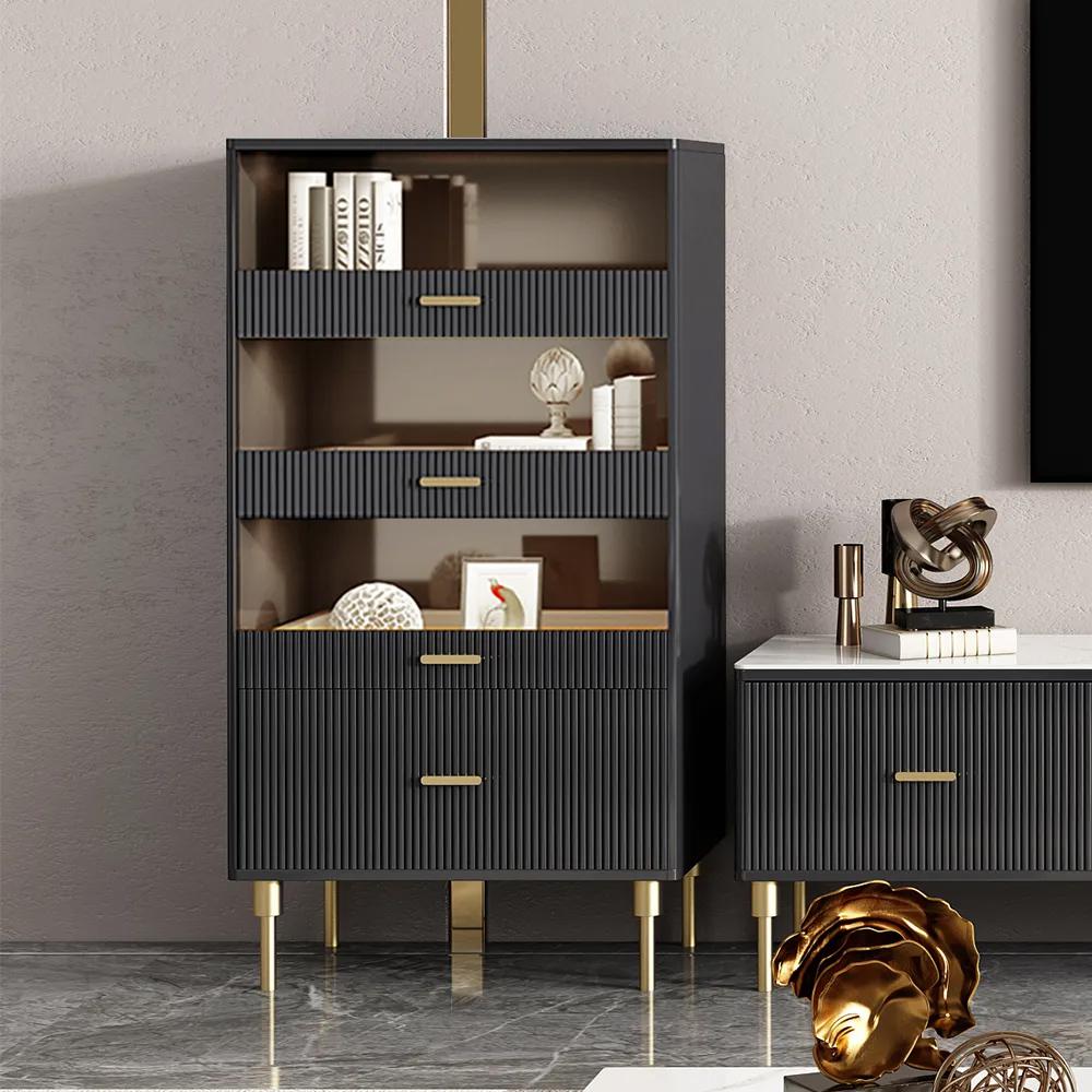 Rectangular Side Cabinet with Storage & Shelves in Black