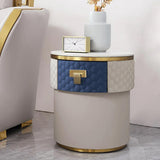 Round Faux Leather Surface Bedside Table with Storage Stone Top Nightstand