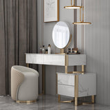 Modern White Makeup Vanity Set with Stone Top & Cabinet Mirror & Stool Included