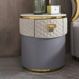 Round Faux Leather Surface Bedside Table with Storage Stone Top Nightstand