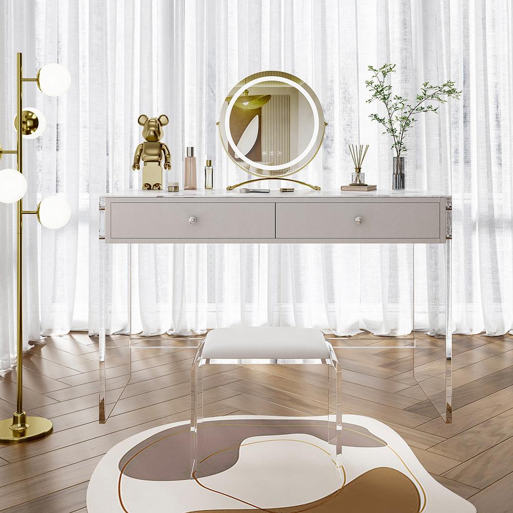 Modern White Floating Makeup Vanity Set Dressing Table with LED Mirror &  Leather Stool