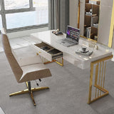 Escritorio de madera blanca brillante de 47 pulgadas, escritorio moderno para computadora con cajones en base dorada