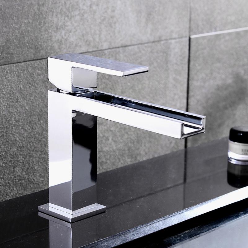 Fiego Modern Waterfall Bathroom Sink Faucet Single Hole in Polished Chrome Solid Brass