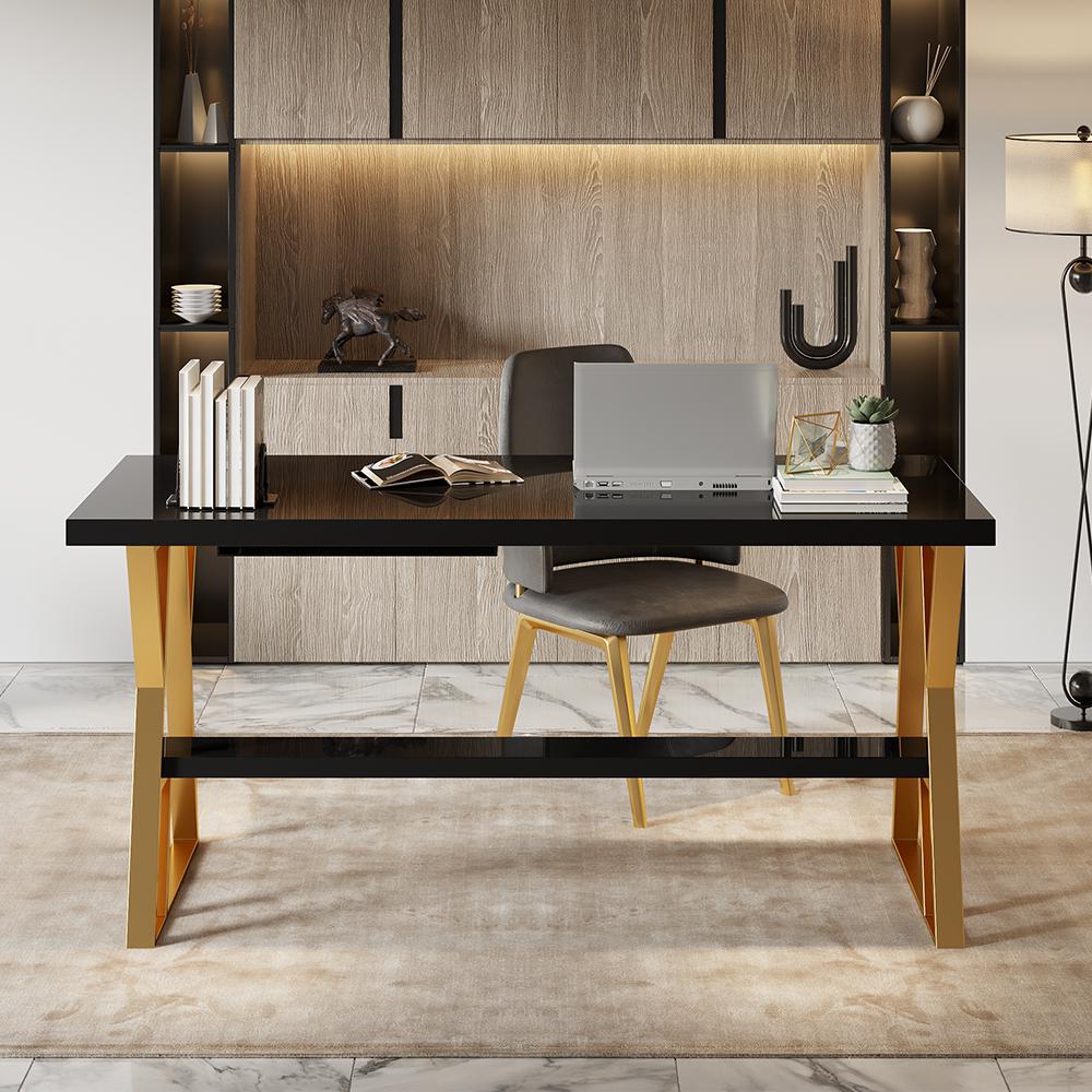Wood Writing Desk for Office with Black Metal Shelf in Small-Wehomz