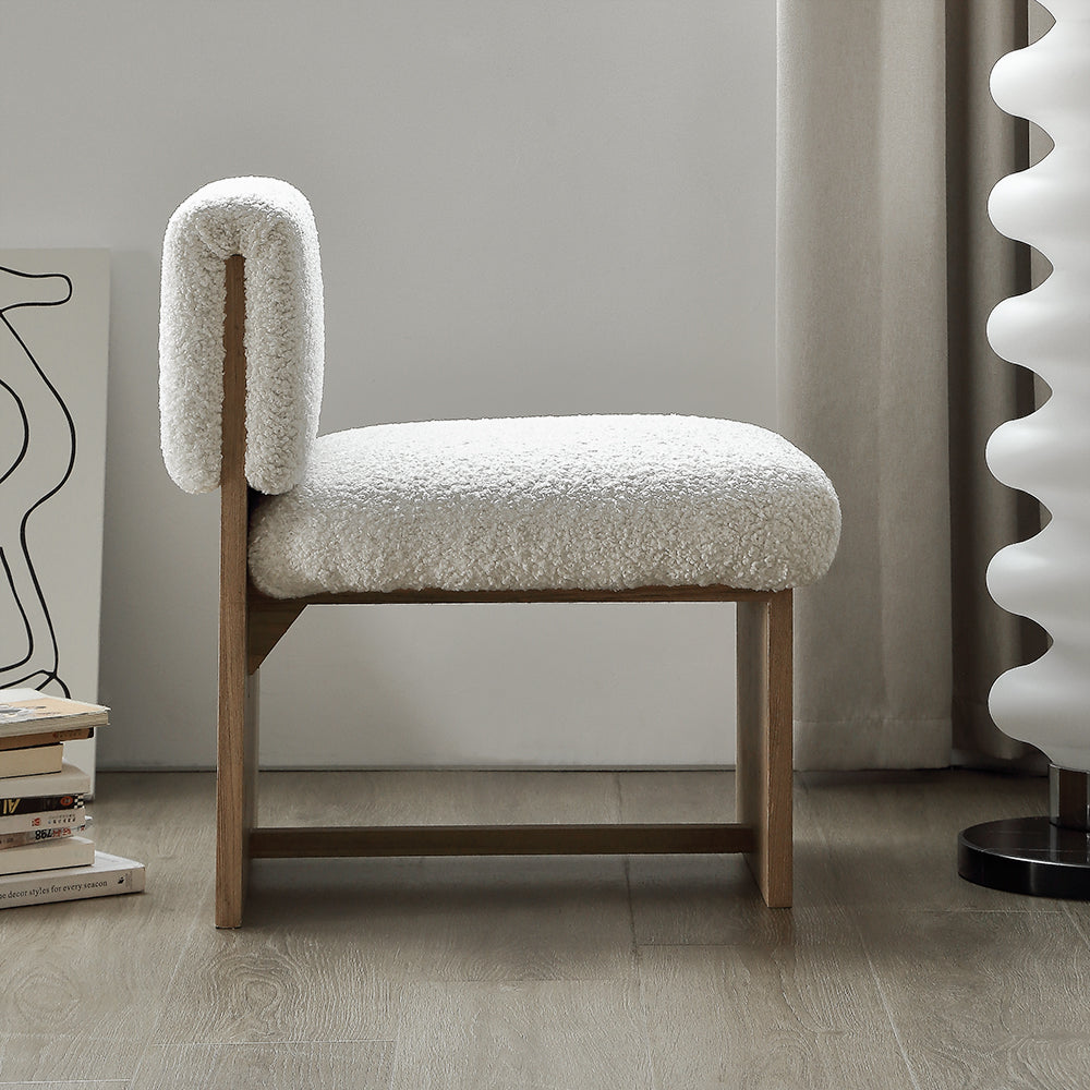 White & Natural Modern Wood Accent Chair Teddy Velvet Upholstery for Living Room