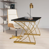47" moderner, weißer, rechteckiger Home-Office-Schreibtisch mit Tischplatte aus Kiefernholz und goldenem Rahmen