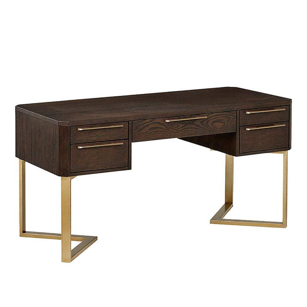 5-Drawer Walnut Writing Desk Large Computer Desk with Gold Base-Desks,Furniture,Office Furniture
