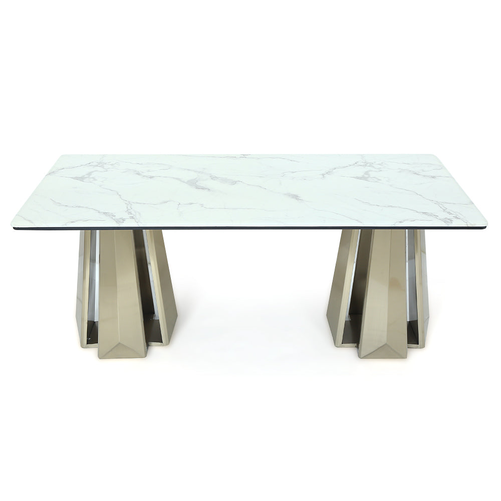 78.7" White Modern Dining Table with Geometric Double Base in Gold Finish