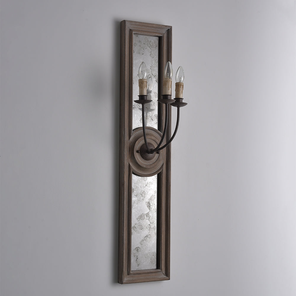 French Candle 3-Light Mirrored Wall Sconce Weathered Wood Panel & Metal