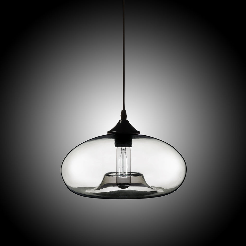 Modern Style Clear Glass Single-Light Concave Oval Pendant Lamp Fixture with Adjustable Cable Incandescent Bulb Included
