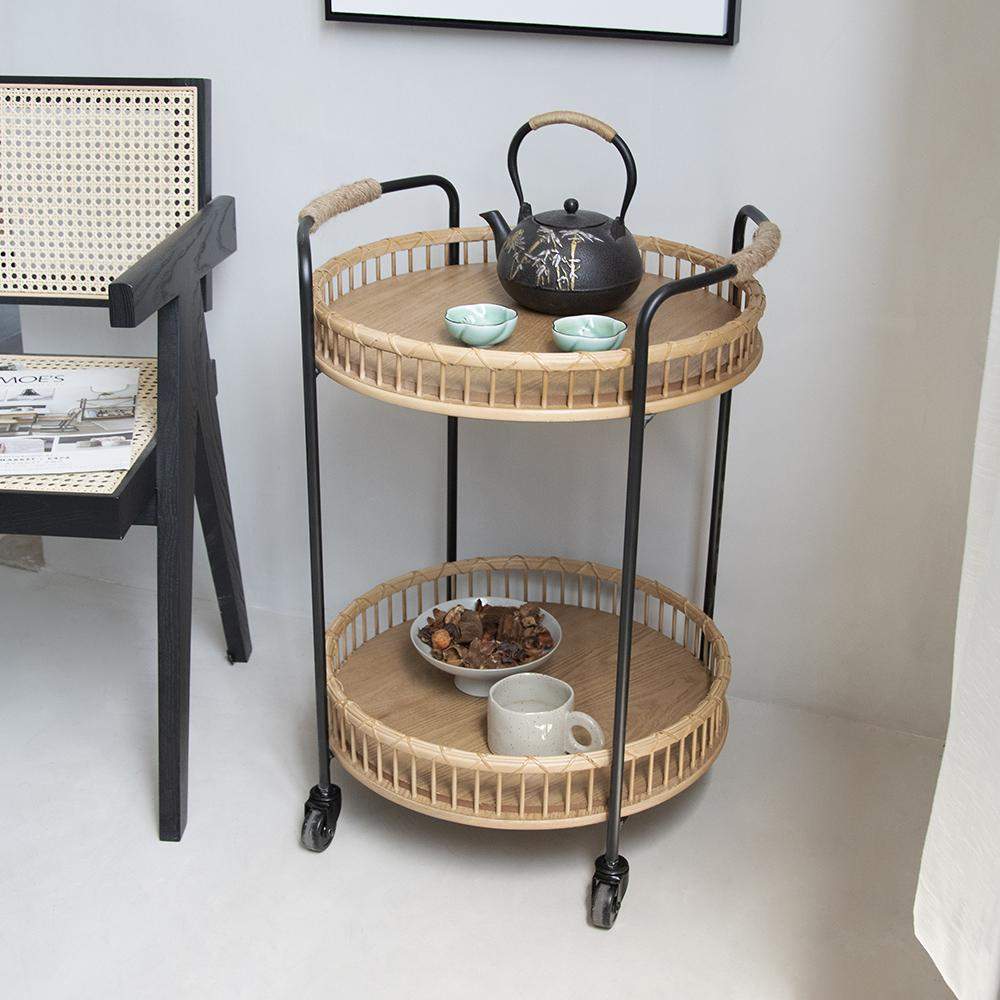 Modern Side Table Rattan Bar Cart with Rolling Foot Woven Side Table-Richsoul-End &amp; Side Tables,Furniture,Living Room Furniture