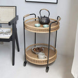 Modern Side Table Rattan Bar Cart with Rolling Foot Woven Side Table