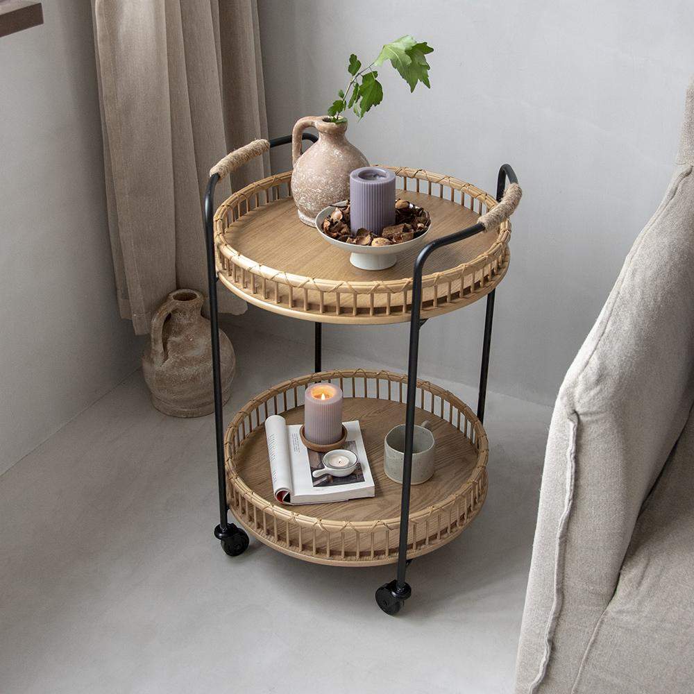 Modern Side Table Rattan Bar Cart with Rolling Foot Woven Side Table ...