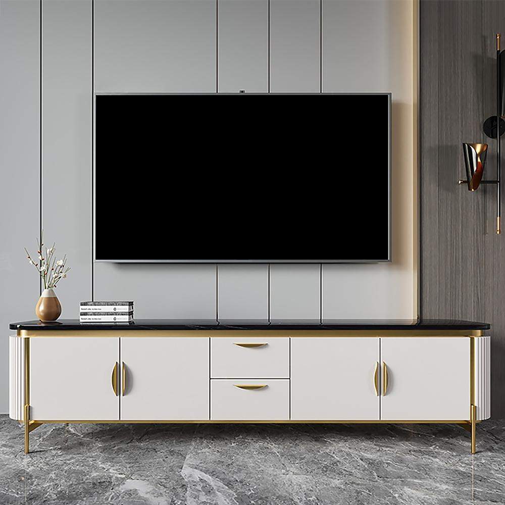 78.7" Black Faux Marble Top TV Console with Drawers & Doors for TVs-Richsoul-Furniture,Living Room Furniture,TV Stands