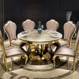 Mesa de comedor redonda moderna de 47" con parte superior de mármol sintético y base de acero inoxidable en beige