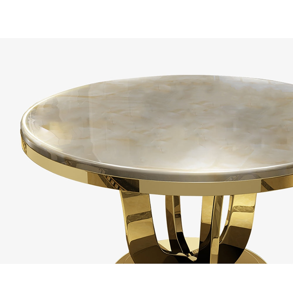 47" Modern Round Faux Marble Top Dining Table with Stainless Steel Base in Beige