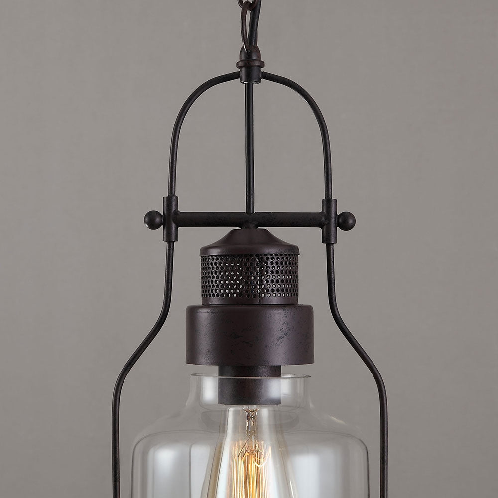 Industrial 1-Light Rust Metal Glass Lantern Pendant Light