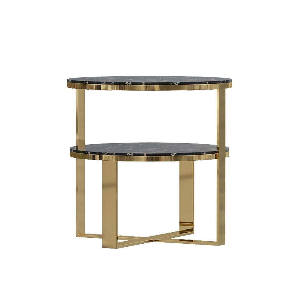 Round Black Marble Gold End Table with Storage Nightstand 2 Tier-Richsoul-End &amp; Side Tables,Furniture,Living Room Furniture