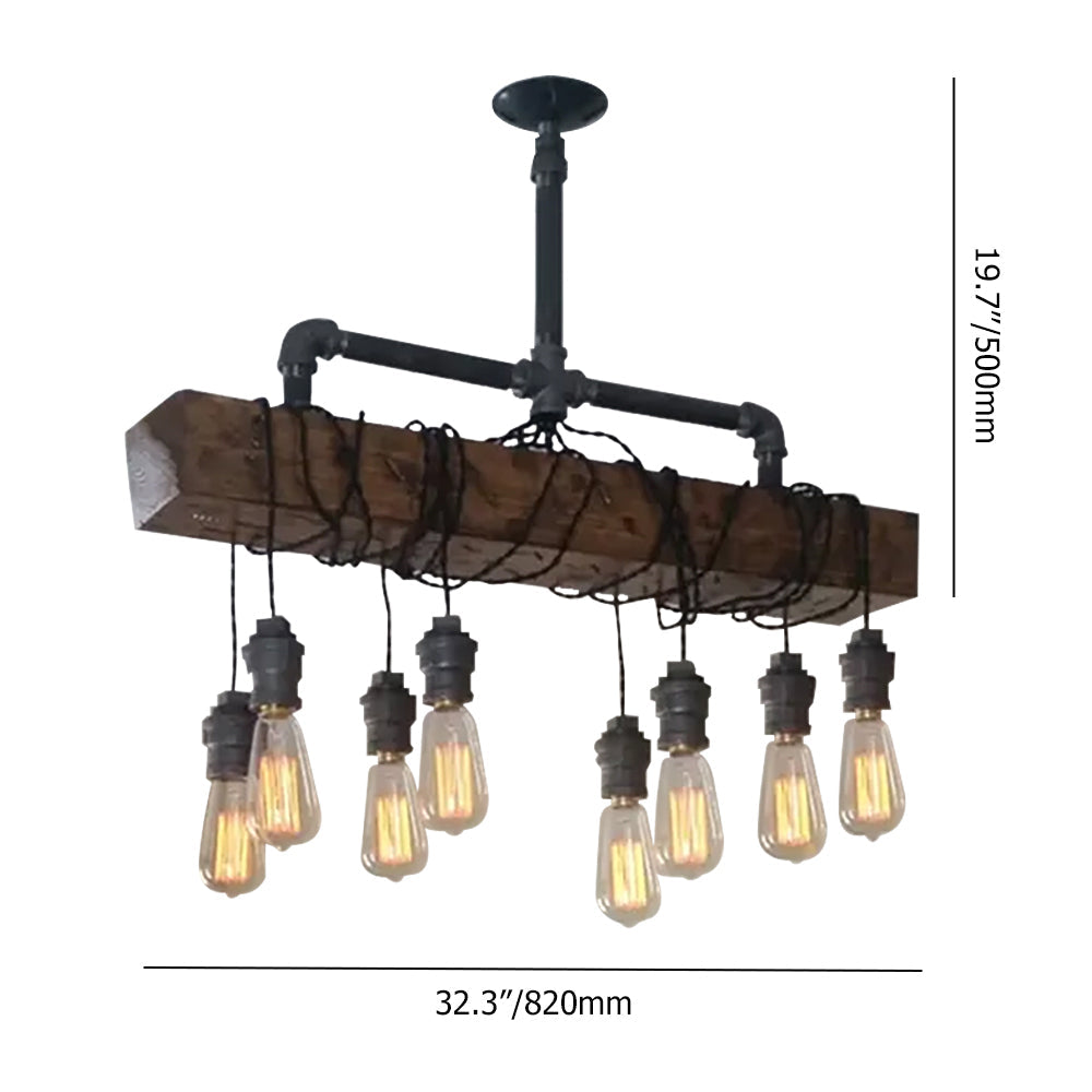 Industrial 8-Light Wood Beam Plumbing Pipe Hanging Bulbs Island Pendant Light