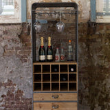 Mueble bar tipo loft industrial con soportes para copas de vino y rejillas para vino y 3 cajones