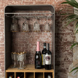 Mueble bar tipo loft industrial con soportes para copas de vino y rejillas para vino y 3 cajones